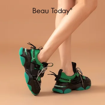 BeauToday Chunky Sneakers Kvinder Mesh Split Læder Blandet Farve Platform Lace-Up Undervisere Ladies Casual Sko Håndlavet 29384 8068