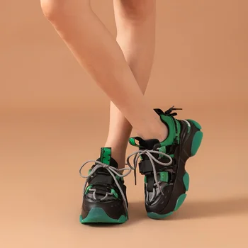 BeauToday Chunky Sneakers Kvinder Mesh Split Læder Blandet Farve Platform Lace-Up Undervisere Ladies Casual Sko Håndlavet 29384 2