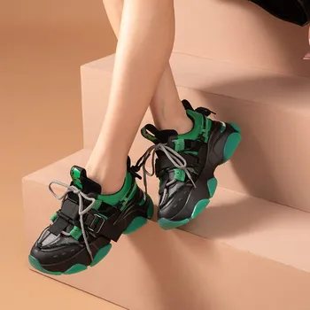 BeauToday Chunky Sneakers Kvinder Mesh Split Læder Blandet Farve Platform Lace-Up Undervisere Ladies Casual Sko Håndlavet 29384 4