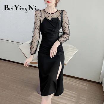 Beiyingni 2020 Efteråret Nye Mode Patchwork langærmet Dame Kjole Sexet Split Elegante Kjoler koreanske Romantik Part Vestidos OL 2