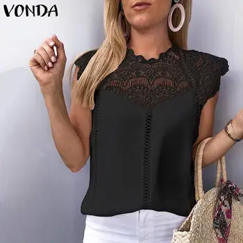 Blonde Tunika Sommeren Kvinder Bluse uden Ærmer Toppe OL Kontor Dame Shirts 2021 VONDA Hollow-Out Party Toppe Hvid Blusas Plus Størrelse 3