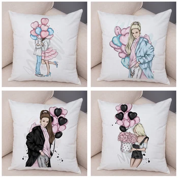 Blød Plys Pude Dække Søde Tegneserie Pige Print Pudebetræk Indretning Pink Ballon jeg Elsker Dig pudebetræk for Sofa Home45X45cm 4