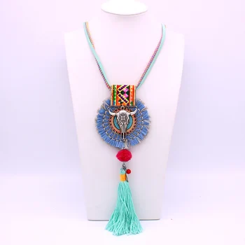 Boheme-stil, mode halskæde håndlavet læder retro legering bull hoved kvast dame halskæde lange runde vedhæng smykker 1