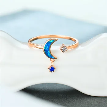 Boho Kvinder Hvid Blå Opal Sten Ring Søde Rose Gold Justerbare Ringe Til Kvinder Minimalistisk Brude-Moon Star Engagement Ring 0