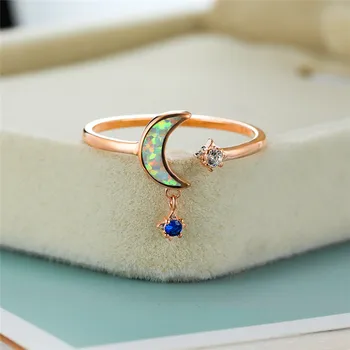 Boho Kvinder Hvid Blå Opal Sten Ring Søde Rose Gold Justerbare Ringe Til Kvinder Minimalistisk Brude-Moon Star Engagement Ring 1