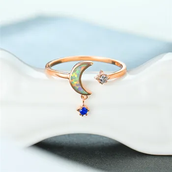 Boho Kvinder Hvid Blå Opal Sten Ring Søde Rose Gold Justerbare Ringe Til Kvinder Minimalistisk Brude-Moon Star Engagement Ring 3