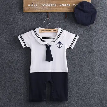 Bomuld Kortærmet Matros Krave Rompers+Hat Udstyr, Tøj Sæt Barn Nyfødt Baby Drenge Navy Style Patchwork Romper Playsuit 4