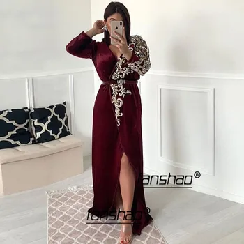 Burgunday Velour Aften Kjoler Pynt Slot Fuld Ærmer Formelle Dubai Saudi-arabisk Aften Kjole Prom Dress vestidos 20355