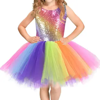 Børn Dans Prinsesse Kostume Til Cosplay Rainbow Palliet-Belagt Mesh Farverige Tutu Kjole Maskerade Part Rolle Spiller Kids Tøj 9219
