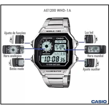 CASIO AE-1200WHD-1AV Lyset herreur 10 år batteri-World Time World Time 10 års batteri belysning rem stål 16487