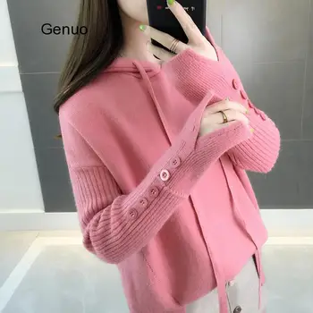 Casual Hooded Sweater 2020 Nye Efterår Og Vinter Koreansk Stil Kvinder Løs Solid Knappen Strik Kvindelige Pullover Sweater Sueter 3