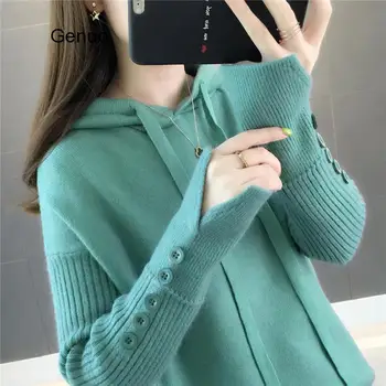 Casual Hooded Sweater 2020 Nye Efterår Og Vinter Koreansk Stil Kvinder Løs Solid Knappen Strik Kvindelige Pullover Sweater Sueter 5