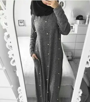Casual Muslimske Bomuld Abaya Maxi Kjole Perlebesat Lang Kjole Kjoler Kimono Jubah Ramadan Arabisk Dubai Kaftan Islamiske Bøn Tøj 1