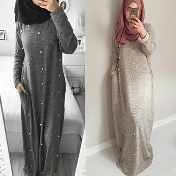 Casual Muslimske Bomuld Abaya Maxi Kjole Perlebesat Lang Kjole Kjoler Kimono Jubah Ramadan Arabisk Dubai Kaftan Islamiske Bøn Tøj 3