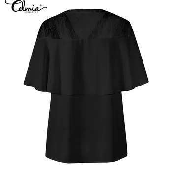 Celmia 2021 Sommeren Black Lace Fashion Skjorter Bluser til Kvinder kortærmet Bow Tie Casual Chiffon Toppe Løs Se-gennem Blusas 1