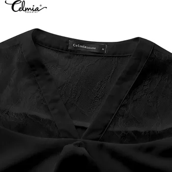 Celmia 2021 Sommeren Black Lace Fashion Skjorter Bluser til Kvinder kortærmet Bow Tie Casual Chiffon Toppe Løs Se-gennem Blusas 2
