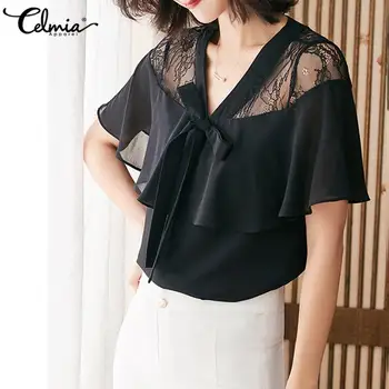 Celmia 2021 Sommeren Black Lace Fashion Skjorter Bluser til Kvinder kortærmet Bow Tie Casual Chiffon Toppe Løs Se-gennem Blusas 4