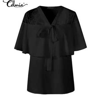 Celmia 2021 Sommeren Black Lace Fashion Skjorter Bluser til Kvinder kortærmet Bow Tie Casual Chiffon Toppe Løs Se-gennem Blusas 5
