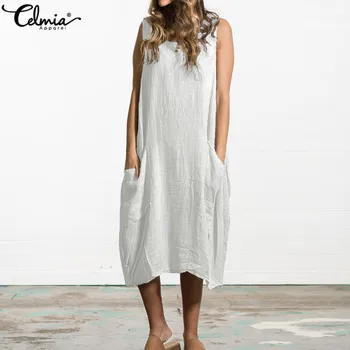 Celmia Plus Size Kvinder Sexet Ærmeløs sommerkjole 2021 Kvindelige Lommer Løs Shirt Kjoler Casual Flæsekanter Midi Vestidos Robe 5XL 2