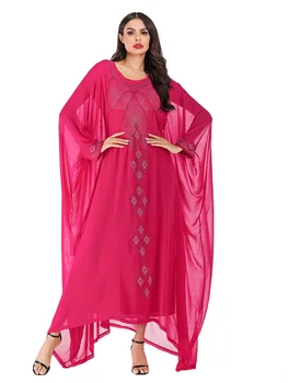 Chiffon Rhinestone Perler Dobbelt-lag Etniske Kjole Batwing Ærme Muslimske Abaya Dubai Arabiske Hellige Kjortel Marokkanske Kjole VKDR1749 0