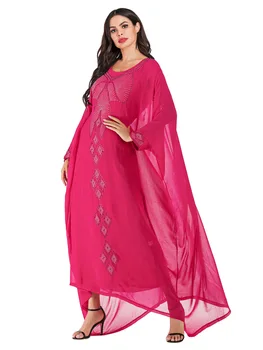 Chiffon Rhinestone Perler Dobbelt-lag Etniske Kjole Batwing Ærme Muslimske Abaya Dubai Arabiske Hellige Kjortel Marokkanske Kjole VKDR1749 4