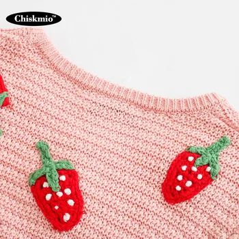 Chiskmio Jordbær Pink Sweater Kvinder At Strikke Toppe Løs O-Neck Pullover, Med Ni Point Med Lange Ærmer Strik Kvinder Sødt Tøj 1
