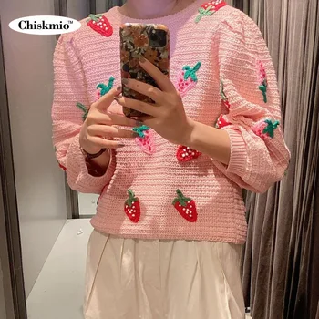 Chiskmio Jordbær Pink Sweater Kvinder At Strikke Toppe Løs O-Neck Pullover, Med Ni Point Med Lange Ærmer Strik Kvinder Sødt Tøj 2