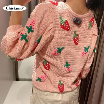 Chiskmio Jordbær Pink Sweater Kvinder At Strikke Toppe Løs O-Neck Pullover, Med Ni Point Med Lange Ærmer Strik Kvinder Sødt Tøj 4