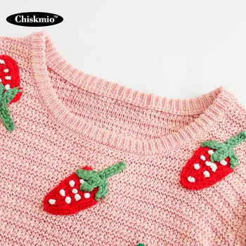 Chiskmio Jordbær Pink Sweater Kvinder At Strikke Toppe Løs O-Neck Pullover, Med Ni Point Med Lange Ærmer Strik Kvinder Sødt Tøj 5