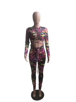 CHRONSTYLE Jumpsuits 2020 Sexede Kvinder Hule Ud af Lace-up One-piece Clubwear Streetwear Lange Ærmer Bodycon Blomster Print Rompers 5