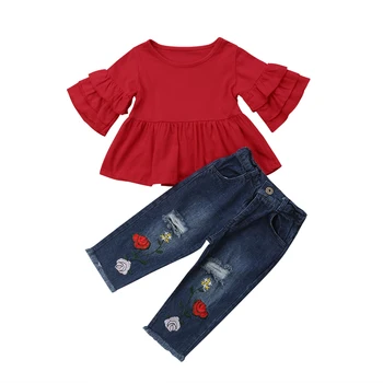 Citgeett Nyfødte Barn Baby Pige T-shirt Rød Top+Denim Bukser Jeans Hul Rippet Denim Sommer Mode Tøj