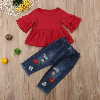 Citgeett Nyfødte Barn Baby Pige T-shirt Rød Top+Denim Bukser Jeans Hul Rippet Denim Sommer Mode Tøj 4