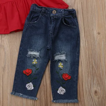 Citgeett Nyfødte Barn Baby Pige T-shirt Rød Top+Denim Bukser Jeans Hul Rippet Denim Sommer Mode Tøj 5