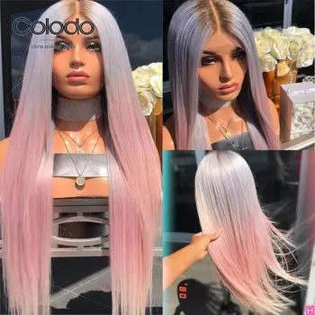 COLODO Pink Ombre Paryk af menneskehår Pre Plukkede Lilla Lige Lace Front Wig-Brazilian Remy Full Lace menneskehår Parykker Til Kvinder 5