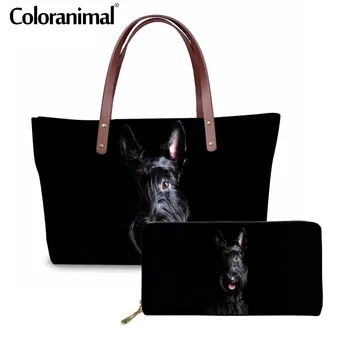 Coloranimal 3D Søde Hvalpe, Skotsk Terrier, Hund Print Kvinder Luksus Design Large Tote Taske Tasker Sæt 2stk Kvinde Skulder Tasker 3