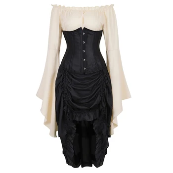 Corset kjole underbust top nederdel 3-stykke foran høje og lave kostume til cosplay plus size korsetter bustier burlesque vintage black 9497