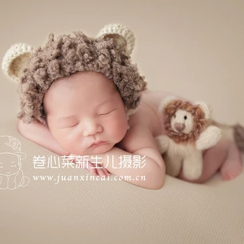 Creme Nyfødte Lion hat toy sæt Baby dreng hat Fotografering Udstoppede Dyr Strikket Spædbarn Bamse Bunny Outfit foto rekvisitter 2