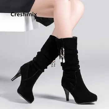 Cresfimix teenager mode sød plus størrelse 34 til 43 efteråret lange støvler kvinder fashion sort pu læder vinterstøvler botas a6026