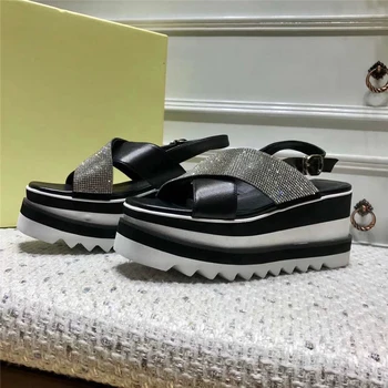 Crossover sandaler Kvinder rhinestone platform fastkile høj hæle af ægte læder bling bling sommeren crystal beach sko blandet farve 2