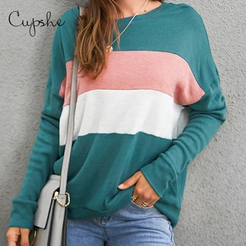 CUPSHE Grøn Hvid Pink Colorblocked Oversize langærmet Sweater Kvinde 2021 Efteråret Casual Løs Kvindelige Pullovere Top Tøj