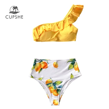 CUPSHE Gul Citron Print Ene Skulder Højtaljede Bikini Sæt Sexet Badedragt To Stykker Badetøj Kvinder 2021 Stranden i badetøj 1