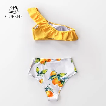 CUPSHE Gul Citron Print Ene Skulder Højtaljede Bikini Sæt Sexet Badedragt To Stykker Badetøj Kvinder 2021 Stranden i badetøj 4
