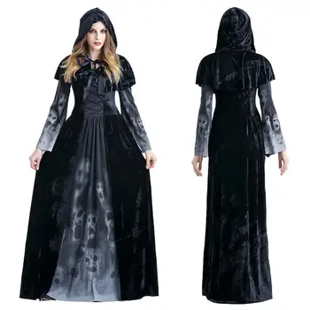 Dame Cosplay Kostume Vintage Black Hooded Lang Kjole Halloween Witch Hætteklædte Robe Middelalderlige Cosplay Pige Kjole 2020 27816