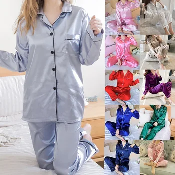 Dame Satin Pyjamas Sæt To Stykke Faker Silke Glat Nattøj Sexet Homewear Langærmet Top Bukser Kvindelige Nattøj Sæt Efteråret 1