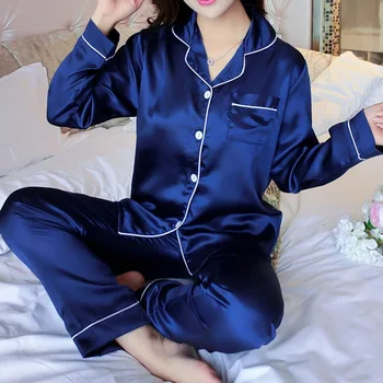 Dame Satin Pyjamas Sæt To Stykke Faker Silke Glat Nattøj Sexet Homewear Langærmet Top Bukser Kvindelige Nattøj Sæt Efteråret 4
