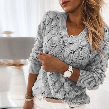 Damer Elegant Ensfarvet Sweater Kvinder Mode Hule Ud Toppe Slim V-Hals Sweater For Feminal 2021 Efteråret Tøj 0