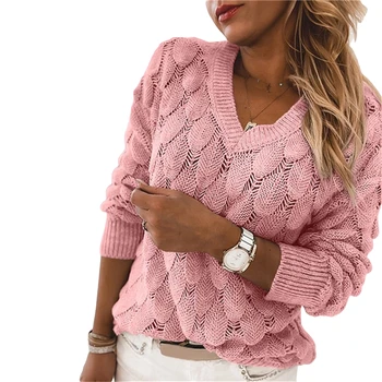 Damer Elegant Ensfarvet Sweater Kvinder Mode Hule Ud Toppe Slim V-Hals Sweater For Feminal 2021 Efteråret Tøj 2