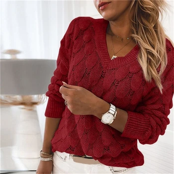 Damer Elegant Ensfarvet Sweater Kvinder Mode Hule Ud Toppe Slim V-Hals Sweater For Feminal 2021 Efteråret Tøj 5