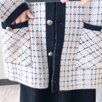 DANJEANER Sweater Frakke Kvinder Vintage O Hals Ternet Cardigan med Lomme koreansk Mode Strikket Sweater Jakke Lang Cardigan Mujer 15903
