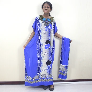 Dashikiage 2019 Afrikanske Dashiki Ankara Hjerte-Formet Trykt Blomster Pynt Blue Bomuld Kvinder Kjole 0